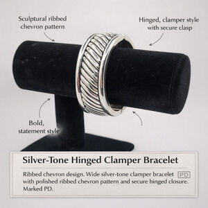 Silver-Tone Hinged Clamper Bracelet Ribbed Chevron Design